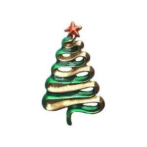 Green Enamel Ribbon Christmas Tree Pin Brooch Gold Tone Red Star Holiday